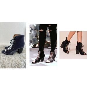 YOKI Brie Lace Up Stacked Heel Peep Toe Gray/Blue Ankle Booties Boots Sz 8.5 NEW